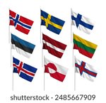 A set of 9 vector flags of North European countries, with metallic flagpole, isolated on white background. 3D wavy design elements from world collection created using gradient mesh