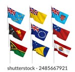 Set of 9 vector flags of Pacific islands countries, with metallic flagpole, isolated on white background. 3D wavy design elements from world collection created using gradient mesh