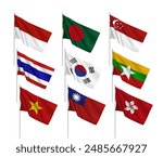 A set of 9 vector flags of South Asian countries, with metallic flagpole, isolated on white background. 3D wavy design elements from world collection created using gradient mesh