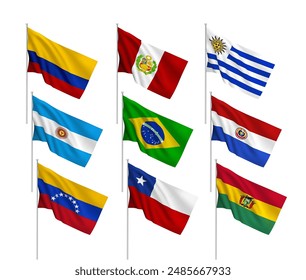 A set of 9 vector flags of South American countries, with metallic flagpole, isolated on white background. 3D wavy design elements from world collection created using gradient mesh