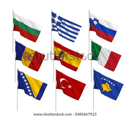 A set of 9 vector flags of South European countries, with metallic flagpole, isolated on white background. 3D wavy design elements from world collection created using gradient mesh