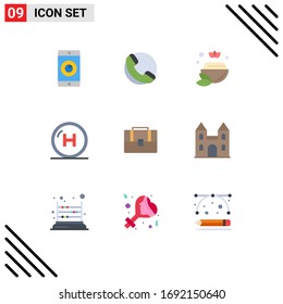 Set of 9 Vector Flat Colors on Grid for suitcase; line; bowl; hospital; clinic Editable Vector Design Elements