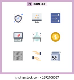 Set of 9 Vector Flat Colors on Grid for science; chemical; arrow; process; key board Editable Vector Design Elements