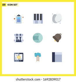 Conjunto de 9 colores planos vectoriales en la rejilla para el hobby; bolsa; piano; mochila; elementos de diseño de vectores editables para alimentos