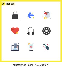 Set of 9 Vector Flat Colors on Grid for favorite; love; economy; heart; money Editable Vector Design Elements