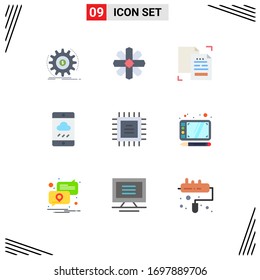Set of 9 Vector Flat Colors on Grid for rain; cloud; geography; smartphone; document Editable Vector Design Elements
