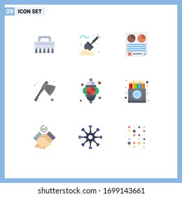 Set of 9 Vector Flat Colors on Grid for light; cleaver; data; camping; ax Editable Vector Design Elements
