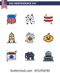 Set of 9 Vector Flat Filled Lines on 4th July USA Independence Day such as pumkin; drink; frankfurter; cola; usa Editable USA Day Vector Design Elements