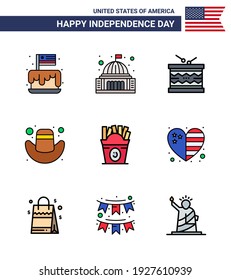 Set of 9 Vector Flat Filled Lines on 4th July USA Independence Day such as hat; american; landmark; st; irish Editable USA Day Vector Design Elements