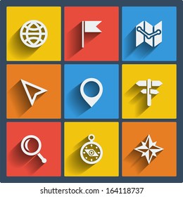 Set of 9 vector geo web and mobile icons in flat design. Symbols of  globe, flag, map, cursor, marker, signpost, loupe, compass