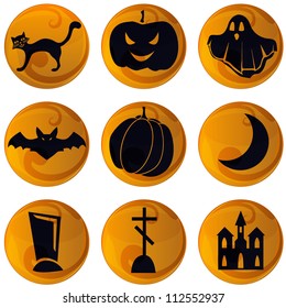 set of 9 vector Halloween icons on orange background