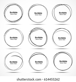 Set of 9 vector hand drawn circles using sketch drawing scribble circle lines. Doodle circular logo design elements.