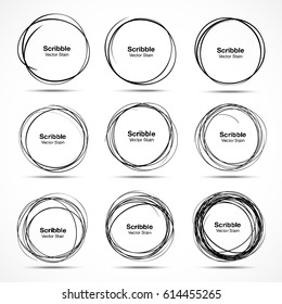 Set Of 9 Vector Hand Drawn Circles Using Sketch Drawing Scribble Circle Lines. Doodle Circular Logo Design Elements.