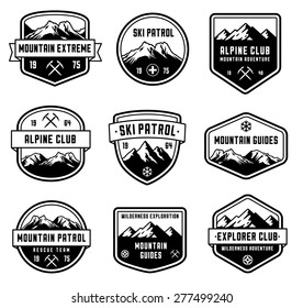 Set of 9 vector high Quality badges and insignias for mountain related design.