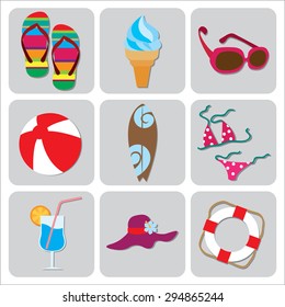 Set of 9 vector icons with the attributes of summer vacation