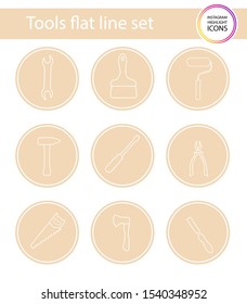 Set of 9 vector icons in beige circle for web stores, scrapbooking, bullet journals, blogging, etc. Highlights Stories Icons. Simple tools related vector icons.