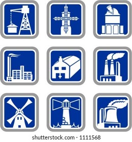 A set of 9 vector icons of buildings.