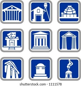 A set of 9 vector icons of buildings.