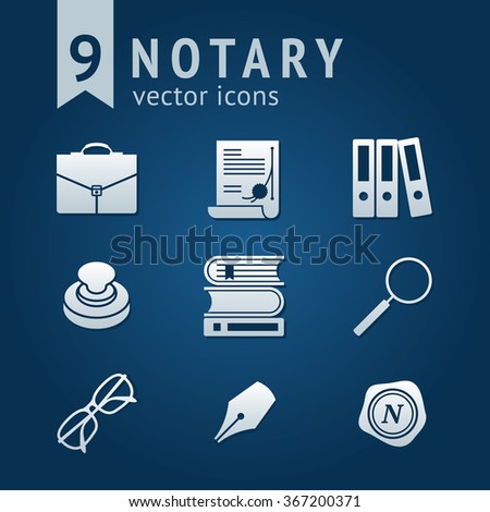 Set of 9 vector icons with Notary public tools