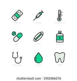 Set of 9 vector illustration health medical design graphic filled line icons or symbols. Eps 10