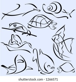 A set of 9 vector illustrations of fishes and animals in unique exquisite and ornamental style.