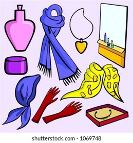 A set of 9 vector illustrations of women's fashion accessories, cosmetics and jewelry.