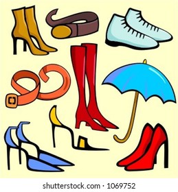 A set of 9 vector illustrations of women`s fashion shoes, belt and an umbrella.