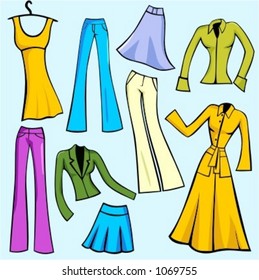 A set of 9 vector illustrations of women's fashion dresses, skirts, pants, blouses and jackets.