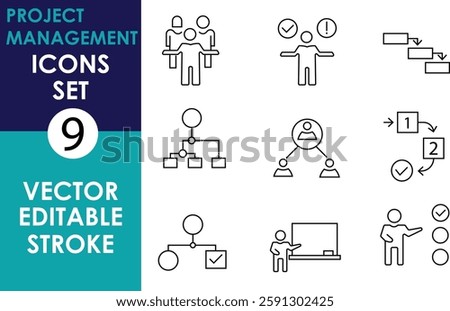 A set of 9 vector line icons for project management, including teamwork, workflow, decision-making, hierarchy, task completion, presentation, and organizational structure with editable strokes