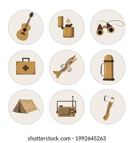 A set of 9 vector linear icons on the theme of tourism, travel, outdoor activities. Ax, binoclarus, tent, equipment, accessories for the outdoor camp