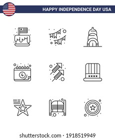 Set of 9 Vector Lines on 4th July USA Independence Day such as celebration; date; party; calendar; usa Editable USA Day Vector Design Elements