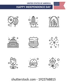 Set of 9 Vector Lines on 4th July USA Independence Day such as white; house; arch; building; usa Editable USA Day Vector Design Elements
