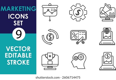 A set of 9 vector marketing icons with editable strokes, including graphs, gears, a trophy, a brain, a laptop, and financial symbols in black outline