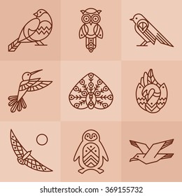 Set of 9 vector outline birds icons