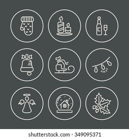 Set of 9 vector outline Christmas icons. Vector illustration of Winter celebration objects. Christmas and New Year elements for banners, postcards, flyers and other design.