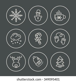 Set of 9 vector outline Christmas icons. Vector illustration of Winter celebration objects. Christmas and New Year elements for banners, postcards, flyers and other design.