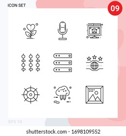 Set of 9 Vector Outlines on Grid for database; meat; microphone; kebab; server Editable Vector Design Elements