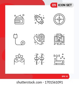 Set of 9 Vector Outlines on Grid for call; disconnected; badge; devices; computers Editable Vector Design Elements