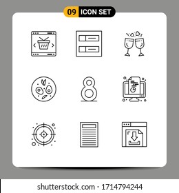 Set of 9 Vector Outlines on Grid for chart; eight; glass; drink; salad Editable Vector Design Elements