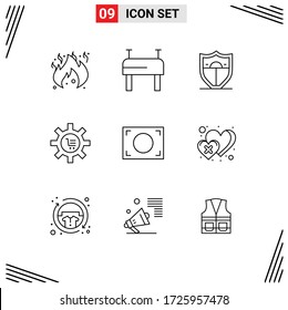 Set of 9 Vector Outlines on Grid for dislike; frame; cart; focus; gear Editable Vector Design Elements