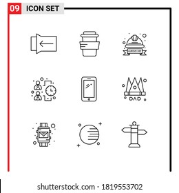 Set of 9 Vector Outlines on Grid for mobile; phone; hat; work; effectiveness Editable Vector Design Elements