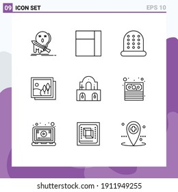 Set of 9 Vector Outlines on Grid for cash; church; thimble; christmas; picture Editable Vector Design Elements