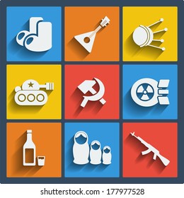 Set of 9 vector russia web and mobile icons in flat design. Symbols of felt boots, balalaika, satellite, sputnik, tank, hammer and sickle, nuke, vodka, matrioshka, ak