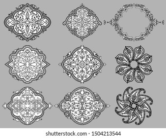 Set of 9 vector seamless Arabian antique calligraphic style ornaments. Line borders, frames, dividers, vignettes, motifs. Isolated vintage decor elements of ornaments for custom design