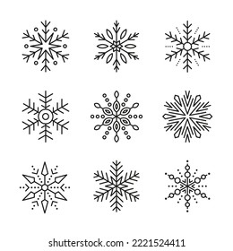 Set of 9 vector snowflakes isolated on white background. Simple flat illustration