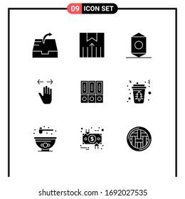 Set of 9 Vector Solid Glyphs on Grid for archive; zoom out; food; right; gesture Editable Vector Design Elements