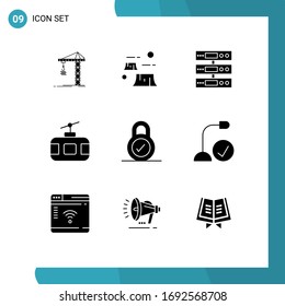Set of 9 Vector Solid Glyphs on Grid for tour; cable car; destruction; files; storage Editable Vector Design Elements