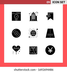 Set of 9 Vector Solid Glyphs on Grid for vinyl; music; office; dj; text Editable Vector Design Elements