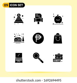 Set of 9 Vector Solid Glyphs on Grid for bag; forex; turkey; currency; winter Editable Vector Design Elements