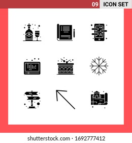 Set of 9 Vector Solid Glyphs on Grid for social media; play; app; media; language app Editable Vector Design Elements